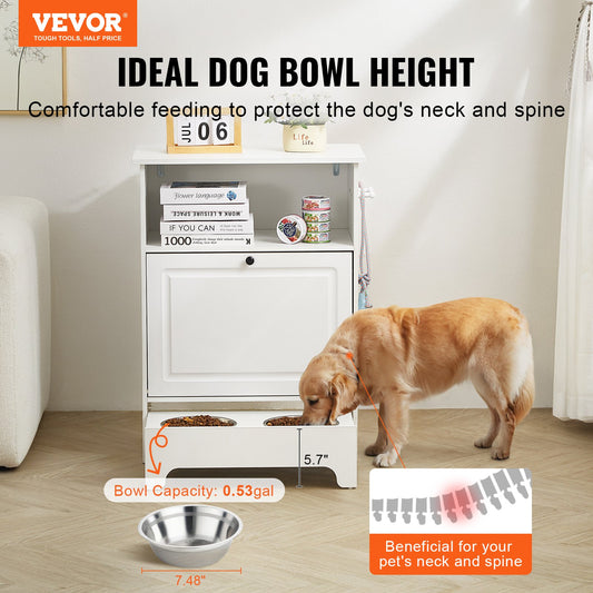 Pet feeding station with two elevated dog bowls and storage cabinet