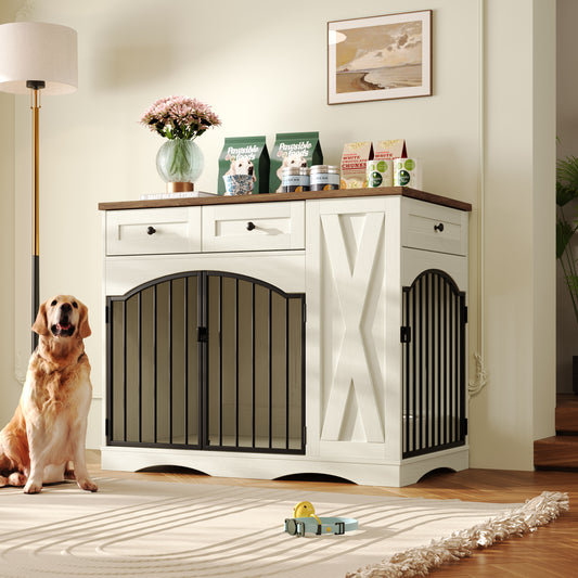 Farmhouse dog crate furniture with 3 drawers, beige and brown