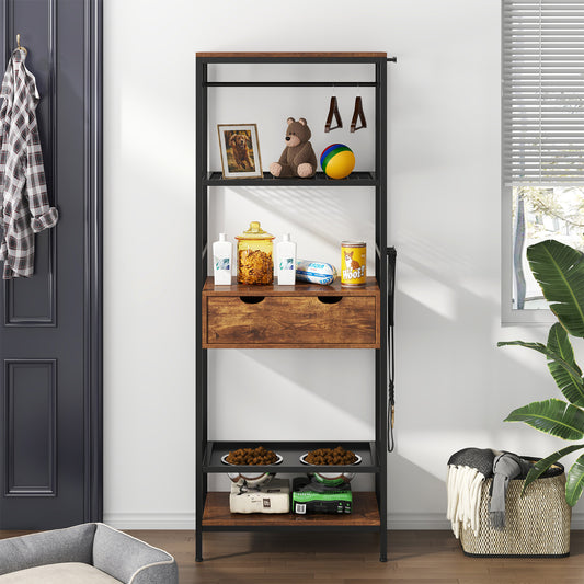 Height adjustable raised dog feeding station with storage shelves